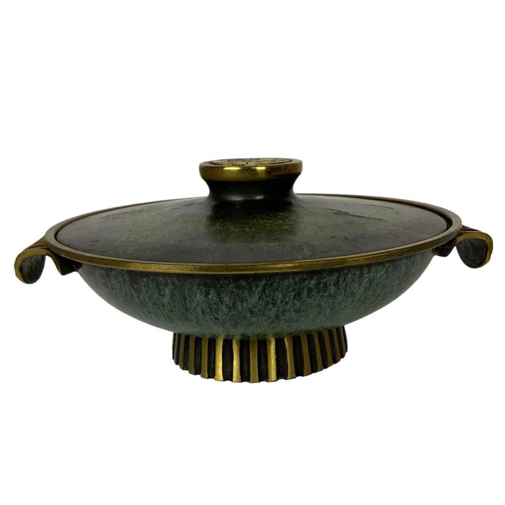 Vintage Dayagi Brass Enamel Lidded Dish Mosaic Rooster Handle Green Gold Israel